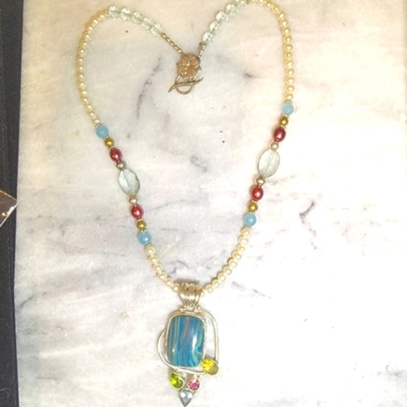 Artisan Pearl Rainbow Calsilica Topaz Tourmaline Sterling Necklace 18" Earrings - Picture 8 of 9